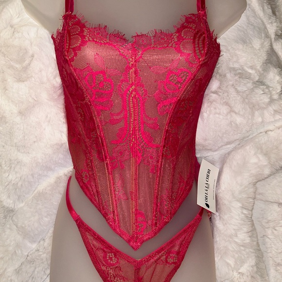 oh la la cheri Other - Oh La La Cheri Paris Hot Pink Lace Corset Bustier & Thong Set NWT